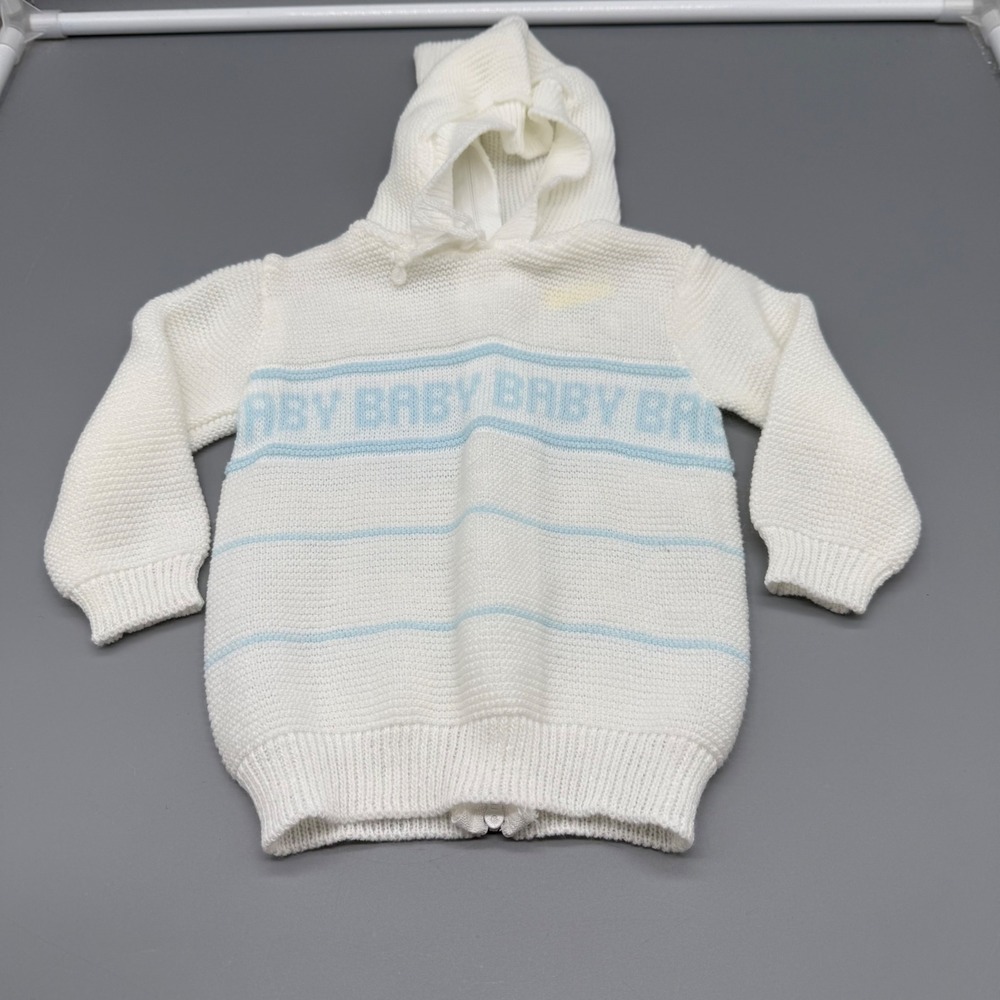 Vintage One-to-Grow Baby Hooded Knit Sweater White Blue Back Zip Japan 6/9M